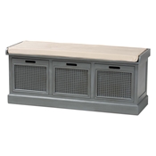 Baxton Studio Sheldon Modern and Contemporary Vintage Beige Fabric Upholstered Grey Finished Wood and Synthetic Rattan 3-Drawer Entryway Shoe Storage Bench